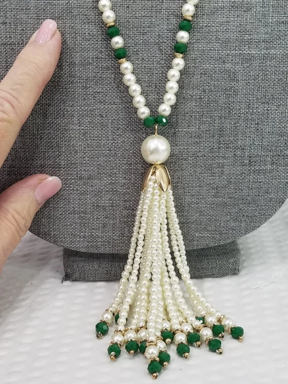 Pearl and Green Bead Tassel Necklace - Elegant Women’s Jewelry